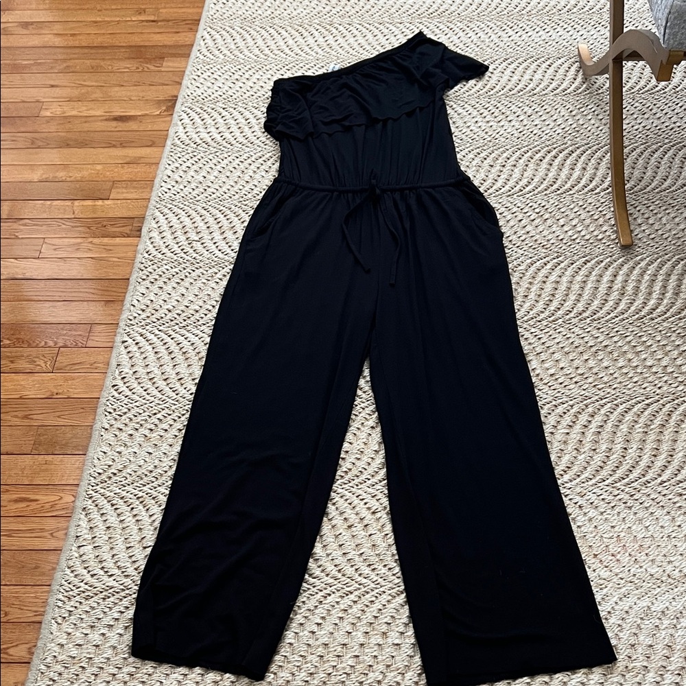 Tickled Teal Black One-Shoulder Jumpsuit Medium